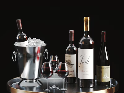 Wine Bottles And Glasses On Metal Tray With Ice Bucket And Black Background 3d model