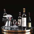 Wine Bottles And Glasses On Metal Tray With Ice Bucket And Black Background