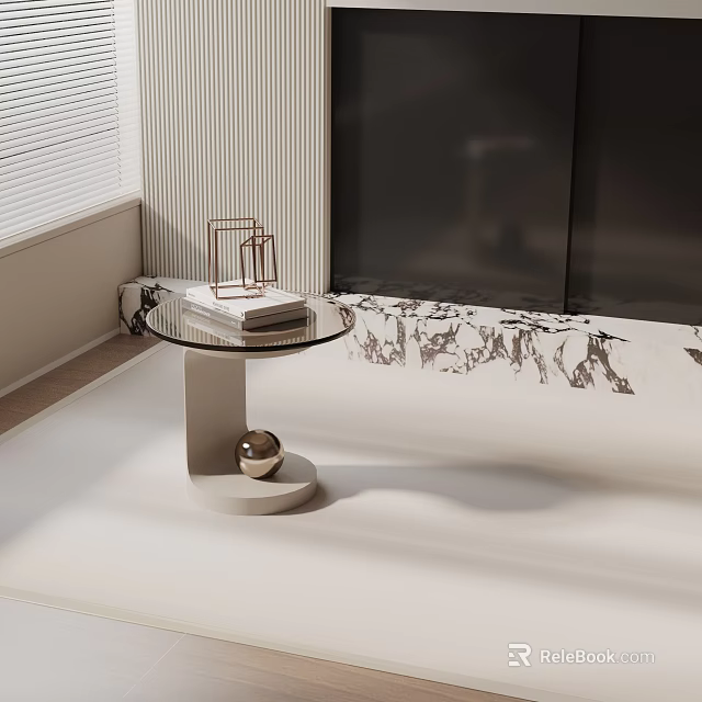 Modern Side Table With Glass Top Metal Ball Base Stacked Books And Decorative Shelf 3d model 