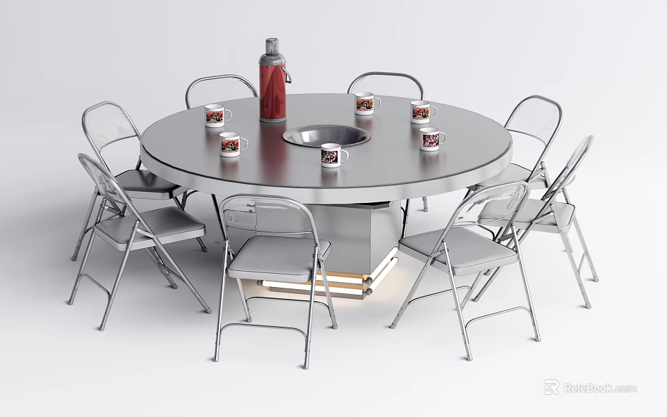 Modern Round Dining Table Set With Metal Chairs Red Bottle And Cups 3d model 