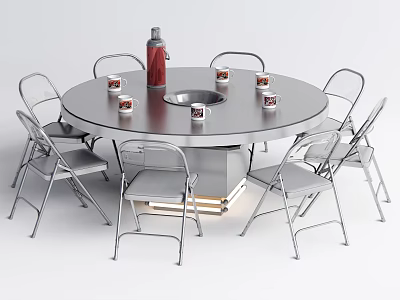 Modern Round Dining Table Set With Metal Chairs Red Bottle And Cups 3d model
