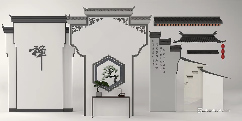 Traditional Chinese Scenic Wall With Intricate Carvings Calligraphy Hexagonal Window And Potted Pine 3d model 
