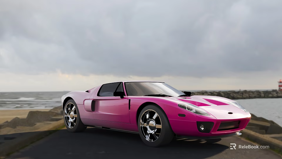 Pink Sports Car Parked By Seaside With Ocean View And Cloudy Sky 3d model 