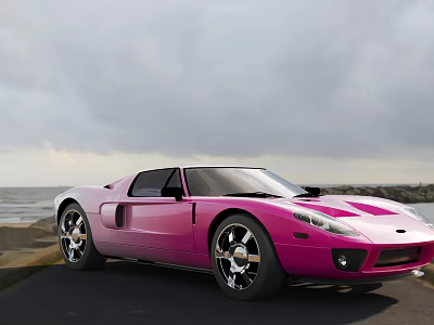 Pink Sports Car Parked By Seaside With Ocean View And Cloudy Sky 3d model