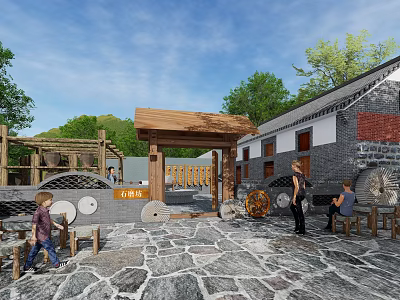 Traditional Village Courtyard With Stone Paved Ground Wooden Gate And People Activities 3d model
