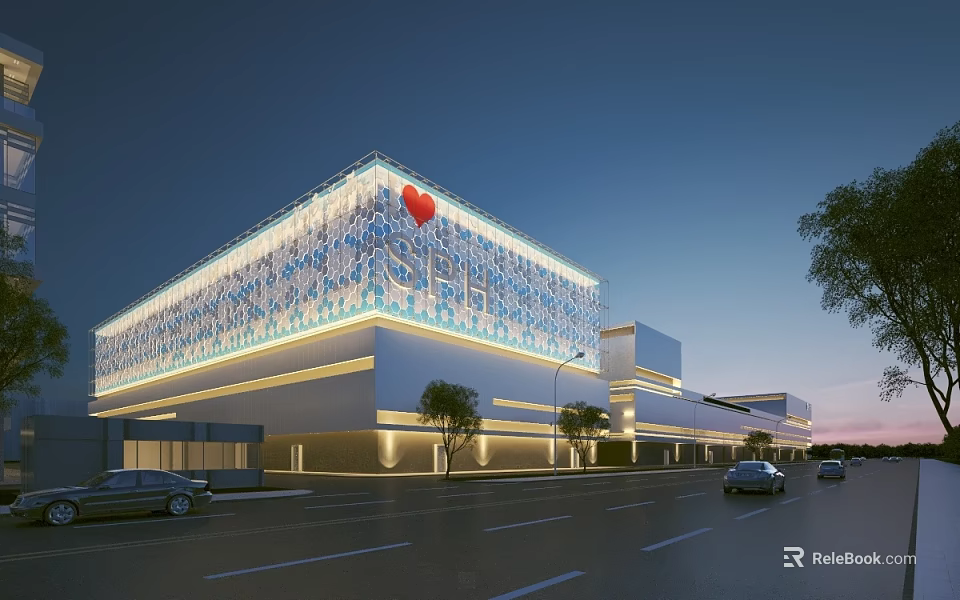 Modern Industrial Factory Building Exterior With Illuminated Glass Curtain Wall And Red Logo Decoration 3d model 