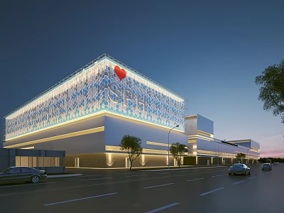 Modern Industrial Factory Building Exterior With Illuminated Glass Curtain Wall And Red Logo Decoration 3d model