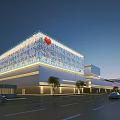 Modern Industrial Factory Building Exterior With Illuminated Glass Curtain Wall And Red Logo Decoration