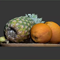 Fresh Pineapple Oranges And Banana On Wooden Plate For Healthy Fruit Snack