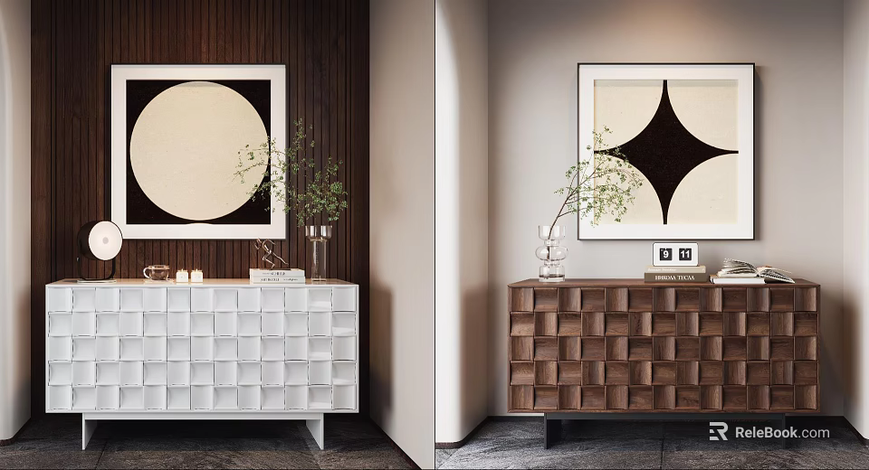 Modern Entryway Console And Side Cabinet With White Square Pattern Brown Woven Texture And Greenery 3d model