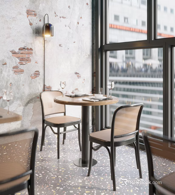 Industrial Rustic Dining Table Set With Round Wood Table Chairs Large Window And Building View 3d model 