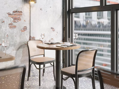 Industrial Rustic Dining Table Set With Round Wood Table Chairs Large Window And Building View 3d model