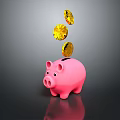 Adorable Pink Piggy Bank Ornament Decoration Set with Gold Coins Falling Into