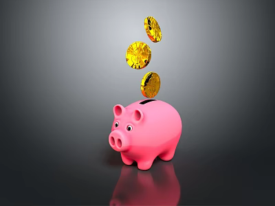 Adorable Pink Piggy Bank Ornament Decoration Set with Gold Coins Falling Into 3d model