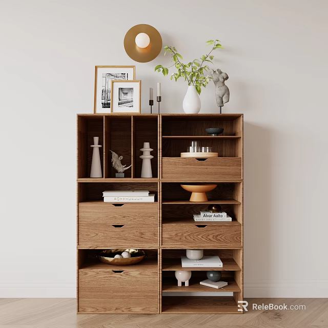 Modern Wooden Entryway Cabinet Sideboard Design With Storage Shelves And Decorative Ornaments 3d model 