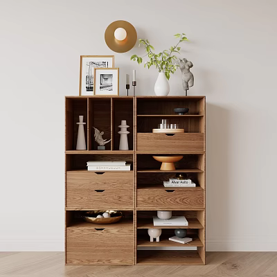 Modern Wooden Entryway Cabinet Sideboard Design With Storage Shelves And Decorative Ornaments 3d model