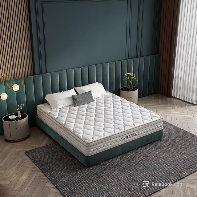 Double Bed with Quilted Mattress and Green Upholstered Headboard in Modern Bedroom 3d model 