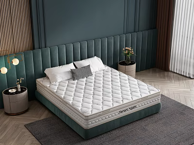 Double Bed with Quilted Mattress and Green Upholstered Headboard in Modern Bedroom 3d model