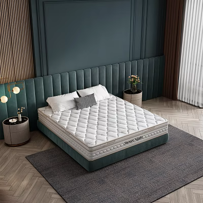 Double Bed with Quilted Mattress and Green Upholstered Headboard in Modern Bedroom 3d model