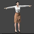 Woman Standing With Outstretched Arms In White Shirt And Brown Skirt On Gray Background