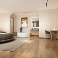Modern Hotel Guest Room With Round Bed Gray Yellow Pillows Wooden Floor And White Bathtub