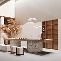 Modern Tea Room Minimalist Design With Open Layout Wooden Elements Marble Countertop And Hanging Lights