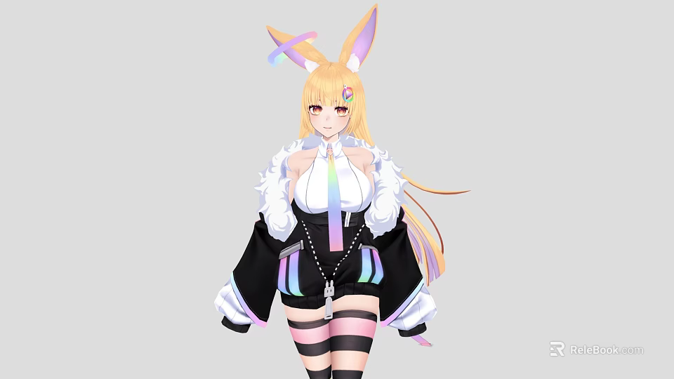 Woman With Rabbit Ears Blonde Hair Wearing Black Coat White Top Rainbow Elements Striped Stockings 3d model 