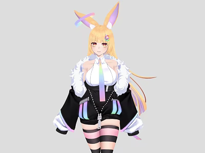 Woman With Rabbit Ears Blonde Hair Wearing Black Coat White Top Rainbow Elements Striped Stockings 3d model