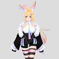 Woman With Rabbit Ears Blonde Hair Wearing Black Coat White Top Rainbow Elements Striped Stockings