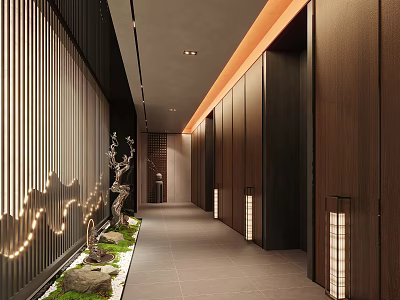 Modern Corridor Interior Design With Wooden Walls Ambient Lighting And Plants Stones 3d model
