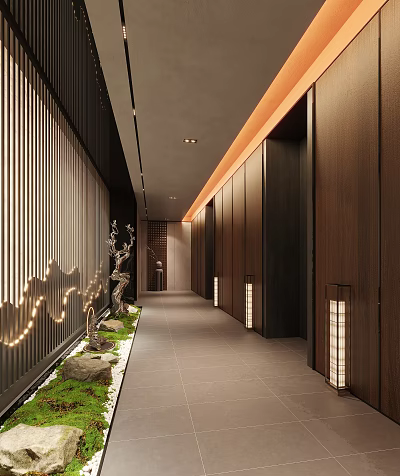 Modern Corridor Interior Design With Wooden Walls Ambient Lighting And Plants Stones 3d model