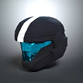 Modern Tactical Black Helmet With White Stripe And Blue Visor Design