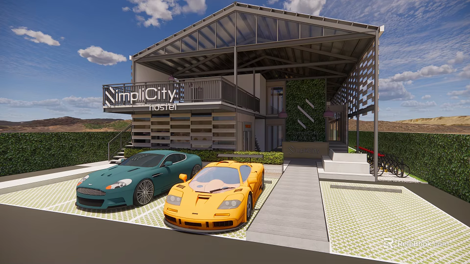 SimplicCity Hostel Modern Architecture With Green Wall And Parked Sports Cars 3d model 