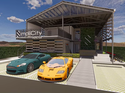 SimplicCity Hostel Modern Architecture With Green Wall And Parked Sports Cars 3d model