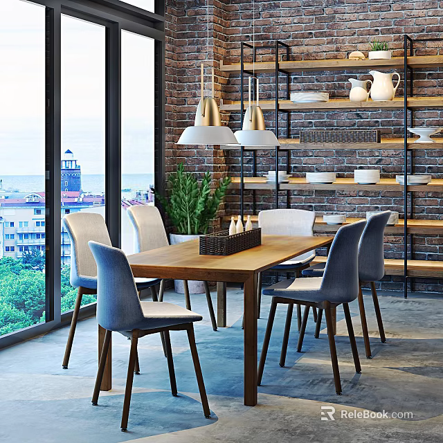 Dining Table Set With Grey Chairs Pendant Lights Brick Wall Wooden Shelves And White Dishes 3d model 