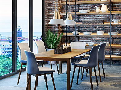 Dining Table Set With Grey Chairs Pendant Lights Brick Wall Wooden Shelves And White Dishes 3d model