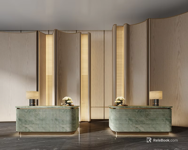 Modern Hotel Lobby Interior Design With Warm Lighting Wooden Screens And Marble Reception Desks 3d model 
