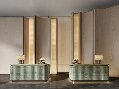 Modern Hotel Lobby Interior Design With Warm Lighting Wooden Screens And Marble Reception Desks 3d model