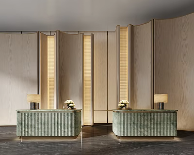 Modern Hotel Lobby Interior Design With Warm Lighting Wooden Screens And Marble Reception Desks 3d model