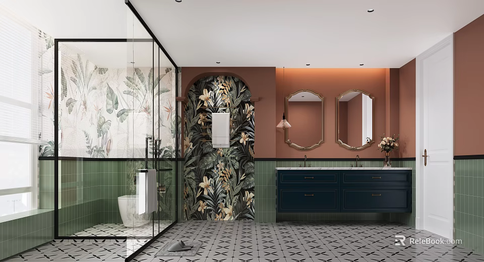 Modern Bathroom With Glass Shower Tropical Floral Wallpaper Terracotta Walls Dark Vanity And Double Mirrors 3d model 