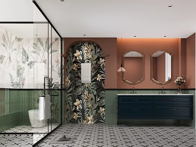 Modern Bathroom With Glass Shower Tropical Floral Wallpaper Terracotta Walls Dark Vanity And Double Mirrors 3d model