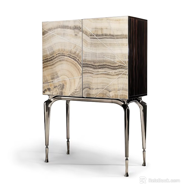 Elegant Modern Wine Cabinet With Marble Pattern Doors And Polished Metal Legs 3d model 
