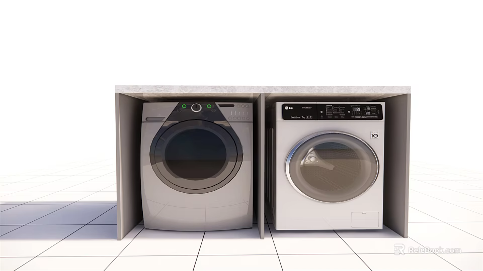 Silver and White Front Loading Washing Machines Built in Laundry Room Cabinets 3d model 
