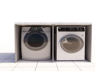Silver and White Front Loading Washing Machines Built in Laundry Room Cabinets 3d model