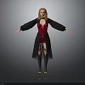 Red Haired Woman In Red Corset Black Robe And Gold Shoes With Arms Outstretched