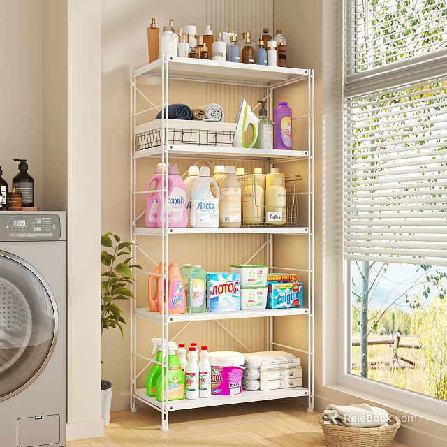 Balcony Shelf With Multiple Layers For Cleaning Supplies Laundry Detergent Near Washing Machine And Plant 3d model 