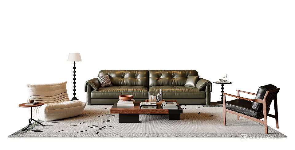 Modern Green Leather Sofa and Coffee Table Set with Accent Chair and Rug 3d model 