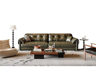 Modern Green Leather Sofa and Coffee Table Set with Accent Chair and Rug 3d model