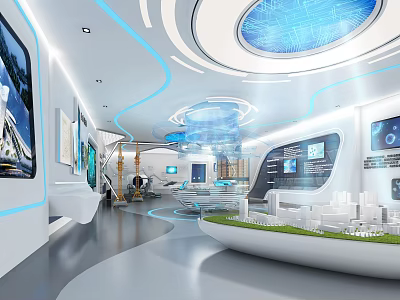Modern Tech Exhibition Hall Interior With City Model Digital Displays Curved Design And Blue Lighting 3d model