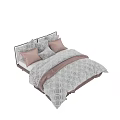 Double Bed With Pink Pillows Gray Patterned Comforter And Stylish Headboard 3d model